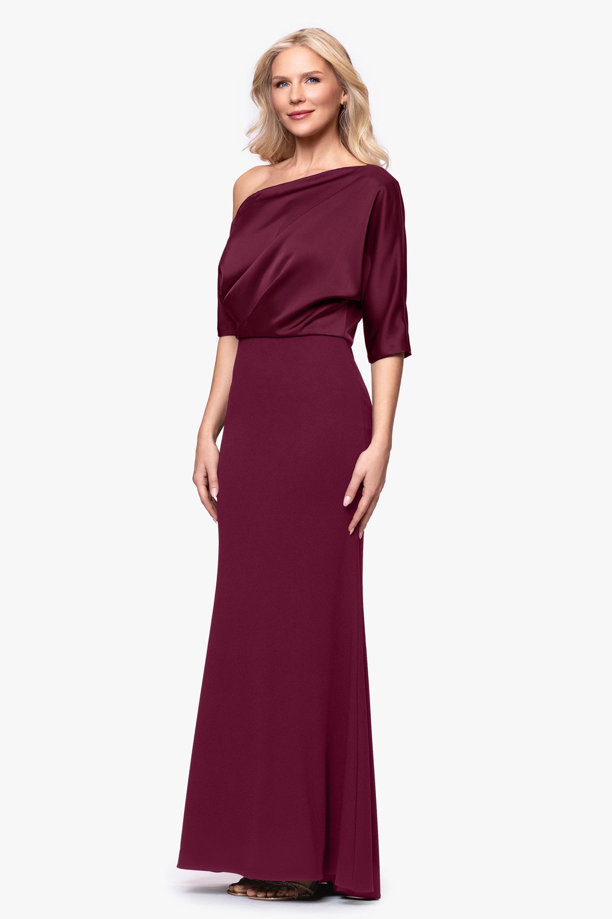 "Ana" Scuba Crepe & Satin Drop Shoulder Dress - Wine | Betsy & Adam