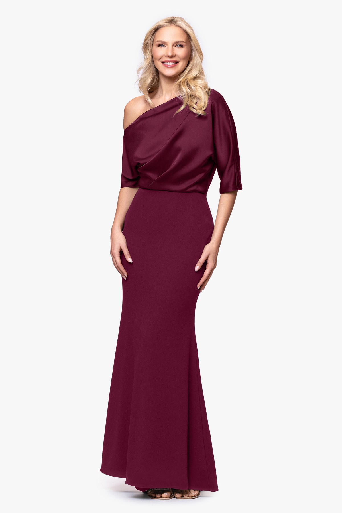 "Ana" Scuba Crepe & Satin Drop Shoulder Dress - Wine | Betsy & Adam