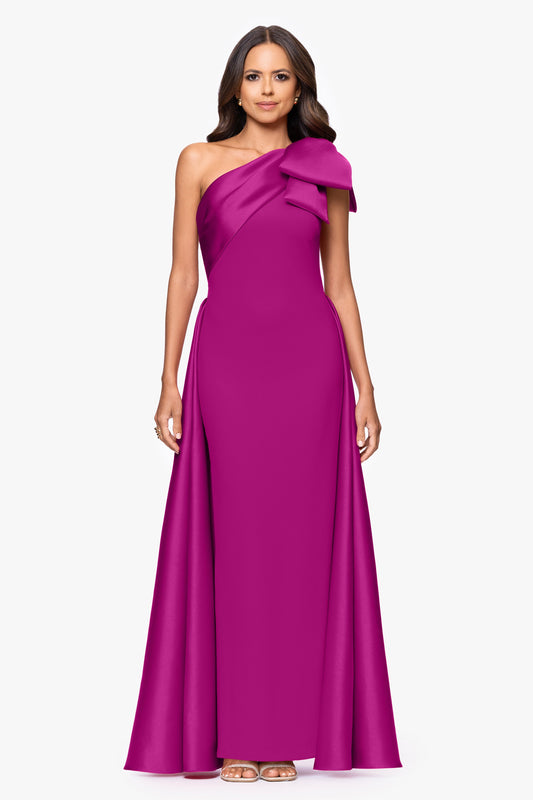 "Rosalie" Scuba Crepe One Shoulder Bow Embellished Gown - Orchid | Betsy & Adam