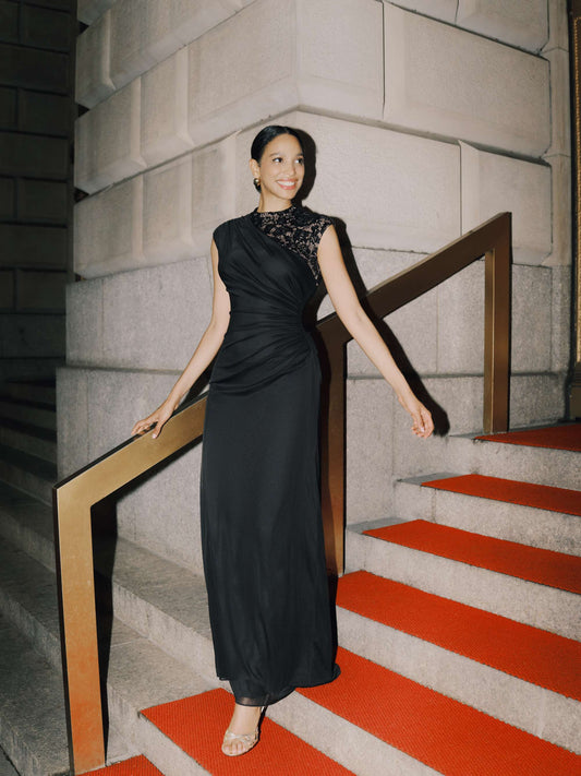 Petite “Dayna” Sheer Matte Jersey Knit Lace Neck Ruched Dress - Black/Nude | Betsy & Adam