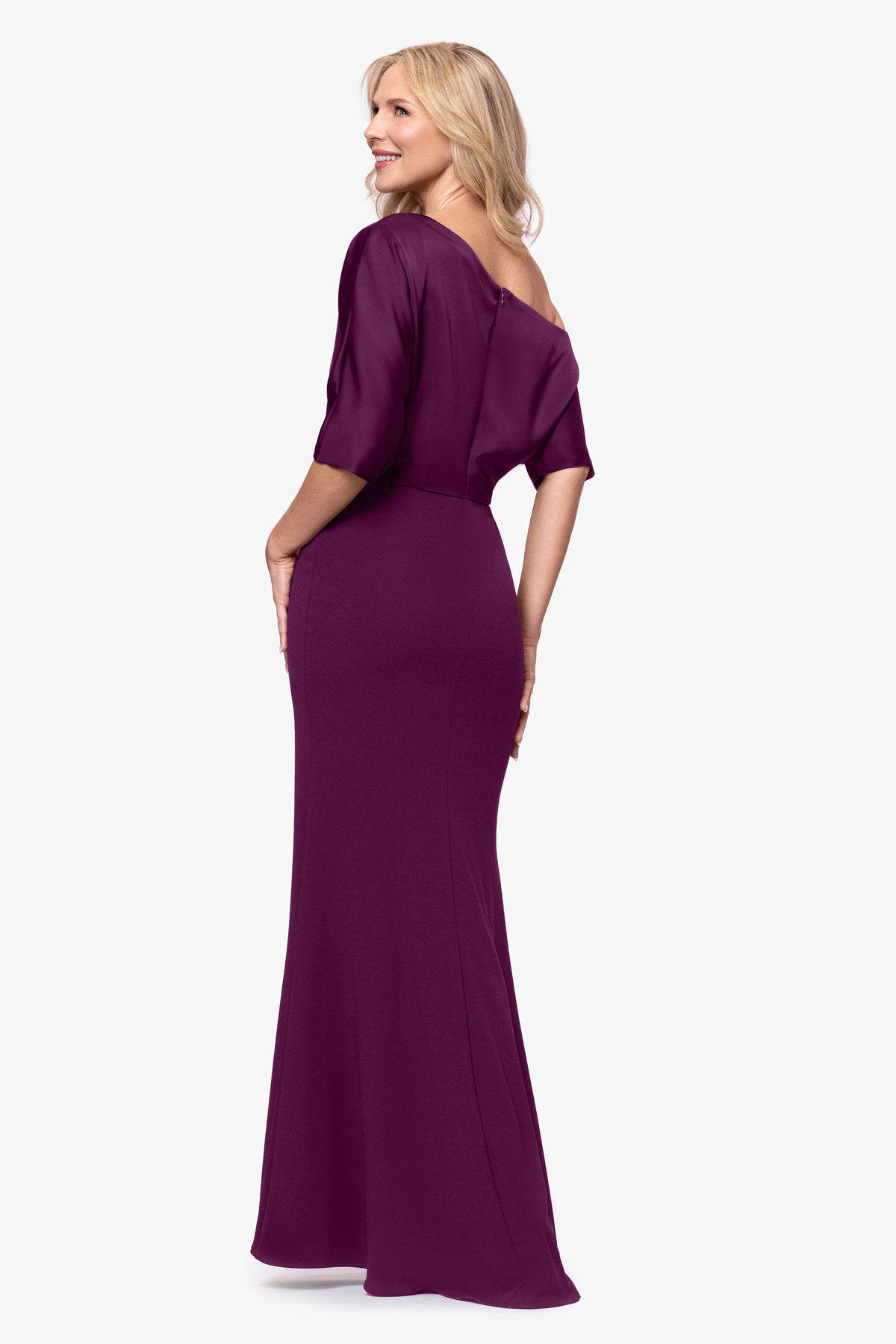 "Ana" Scuba Crepe & Satin Drop Shoulder Dress - Plum | Betsy & Adam