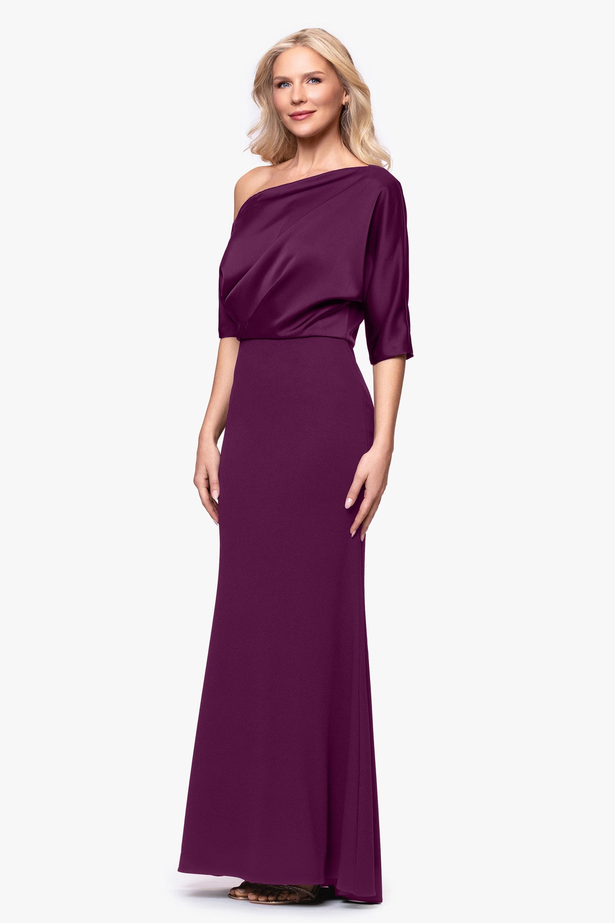 "Ana" Scuba Crepe & Satin Drop Shoulder Dress - Plum | Betsy & Adam