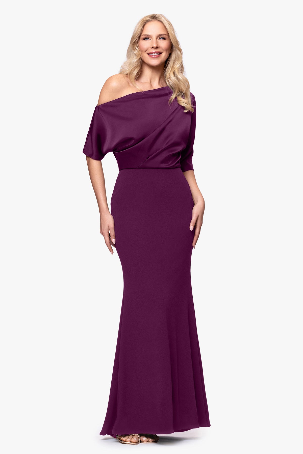 "Ana" Scuba Crepe & Satin Drop Shoulder Dress - Plum | Betsy & Adam