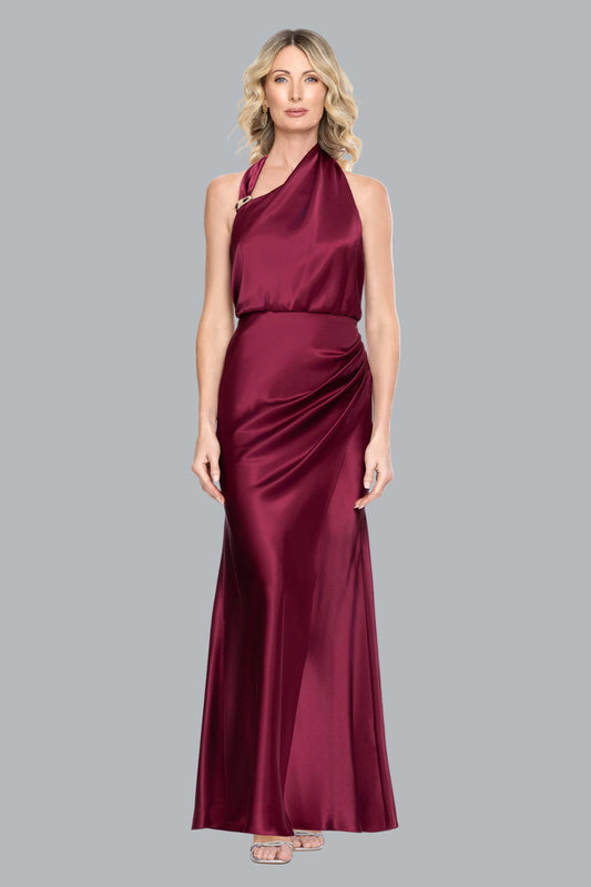 "Willow" Satin Halter Asymmetrical Dress - Burgundy | Betsy & Adam