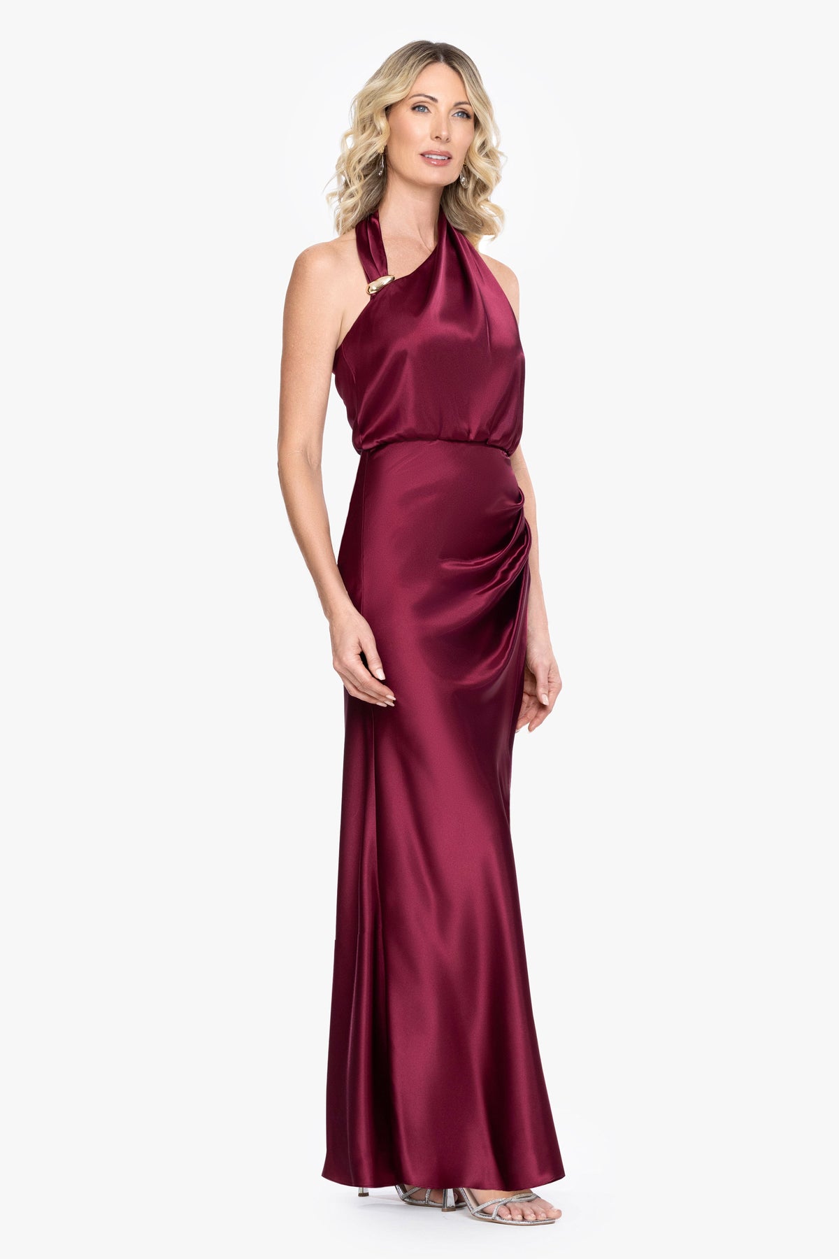 "Willow" Satin Halter Asymmetrical Dress - Burgundy | Betsy & Adam