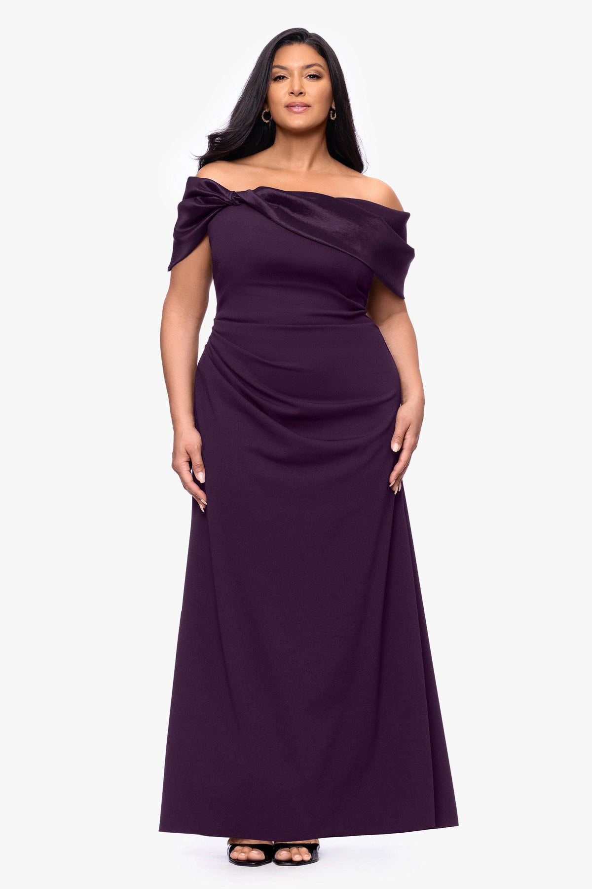 Plus "Monica" Scuba Crepe & Taffeta Trim Ruched Dress - Mulberry | Betsy & Adam
