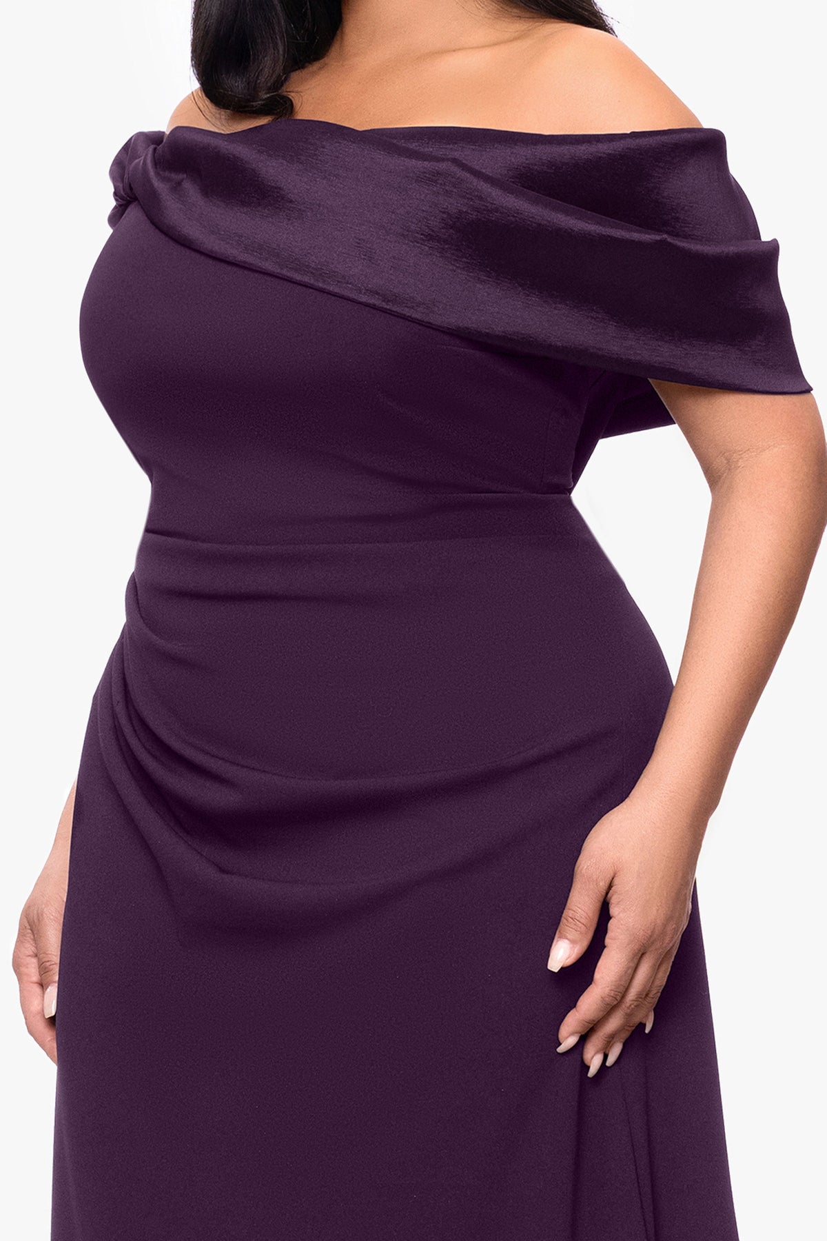 Plus "Monica" Scuba Crepe & Taffeta Trim Ruched Dress - Mulberry | Betsy & Adam