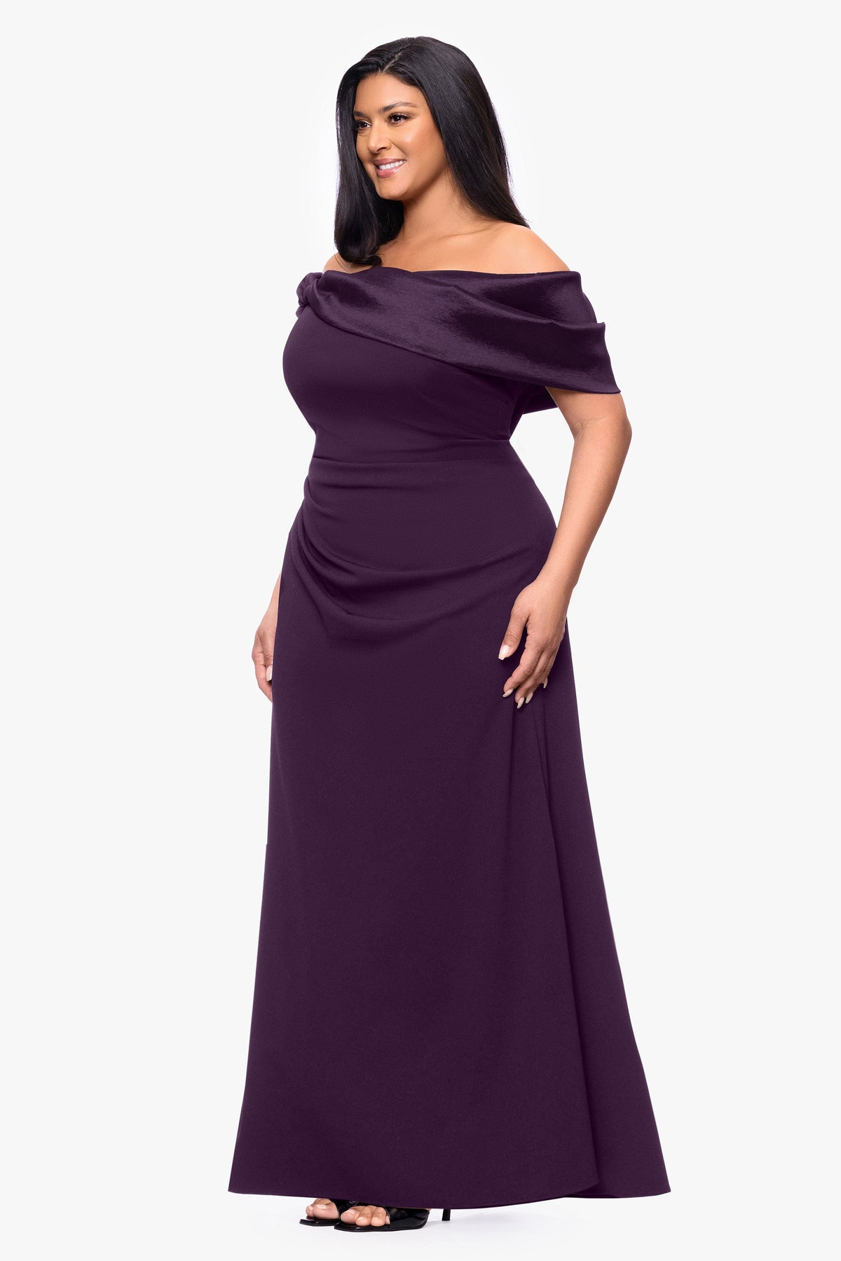 Plus "Monica" Scuba Crepe & Taffeta Trim Ruched Dress - Mulberry | Betsy & Adam