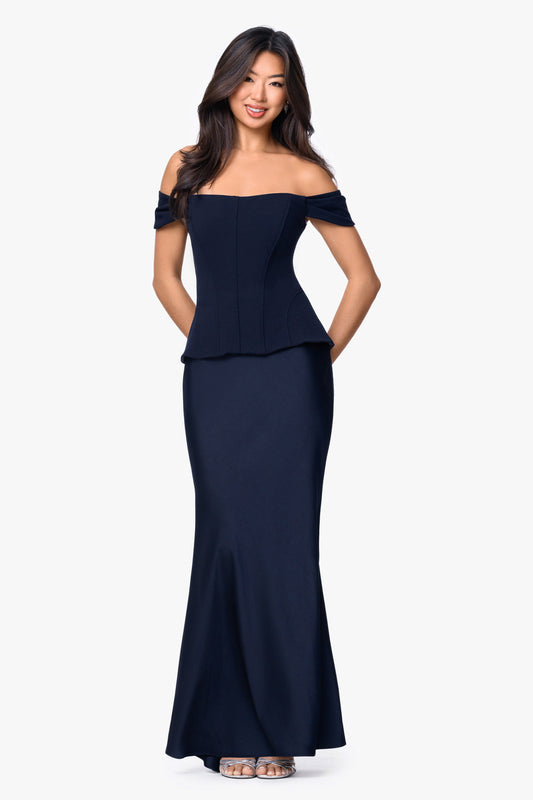 "Amber" Satin & Scuba Crepe Off Shoulder Dress - Navy | Betsy & Adam