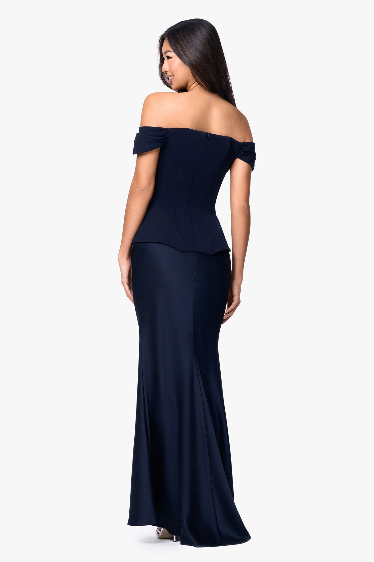 "Amber" Satin & Scuba Crepe Off Shoulder Dress - Navy | Betsy & Adam