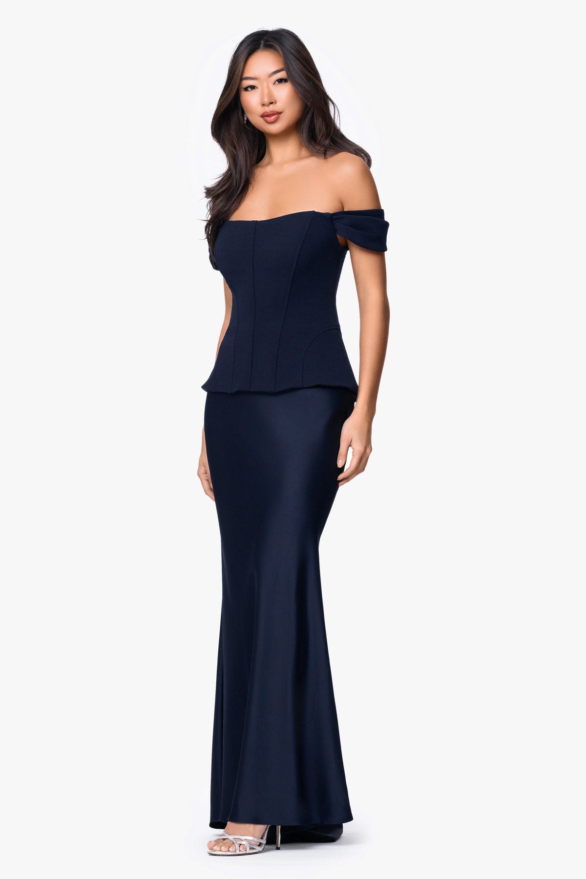 "Amber" Satin & Scuba Crepe Off Shoulder Dress - Navy | Betsy & Adam