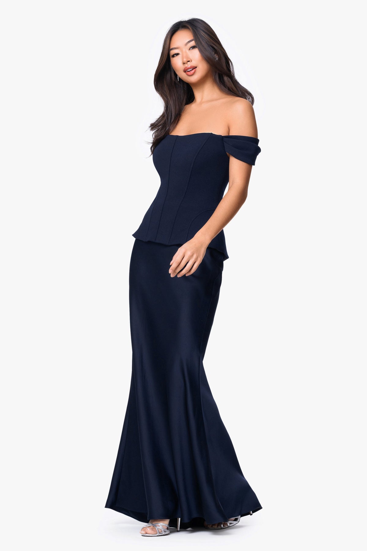 "Amber" Satin & Scuba Crepe Off Shoulder Dress - Navy | Betsy & Adam