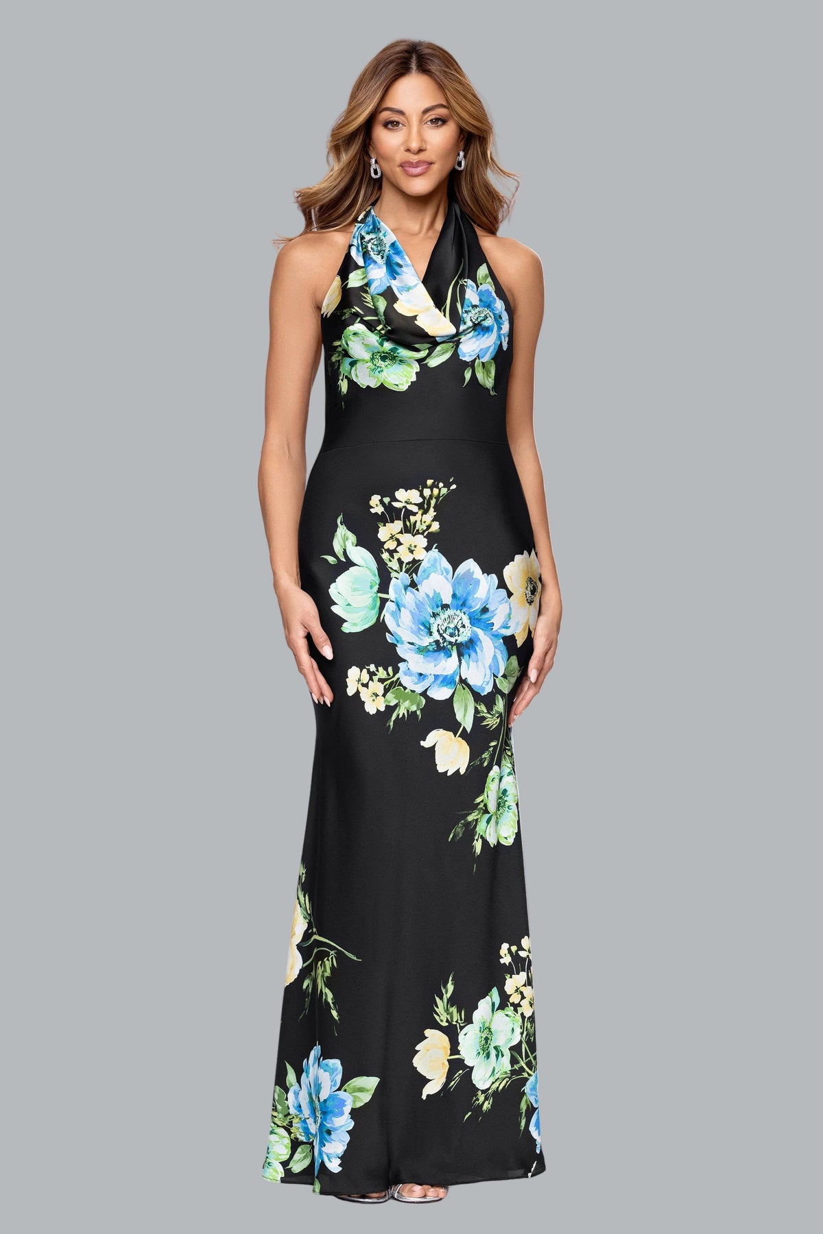 "Delaney" Printed Flower Satin Tie Neck Dress - Black/Multi | Betsy & Adam