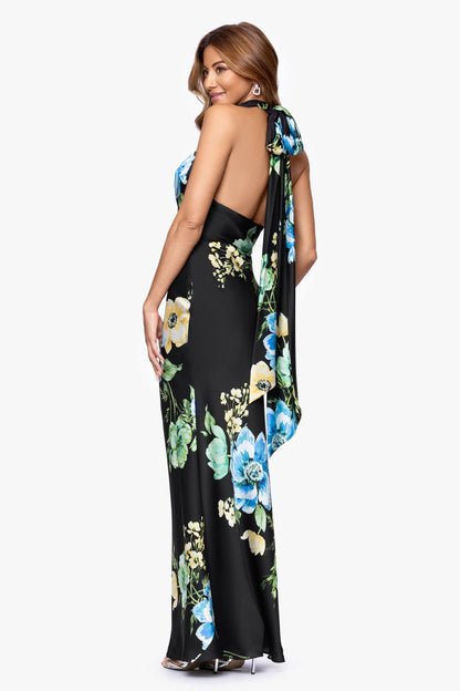 "Delaney" Printed Flower Satin Tie Neck Dress - Black/Multi | Betsy & Adam