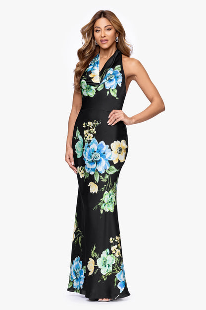 "Delaney" Printed Flower Satin Tie Neck Dress - Black/Multi | Betsy & Adam
