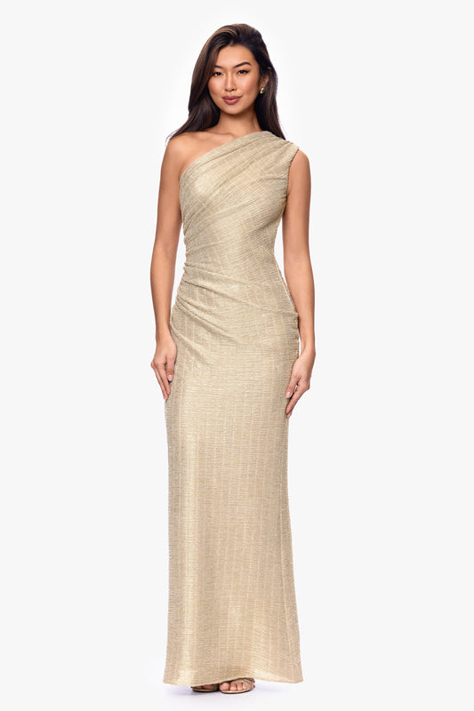 "Avril" Metallic One Shoulder Ruched Dress - Silver/Gold | Betsy & Adam