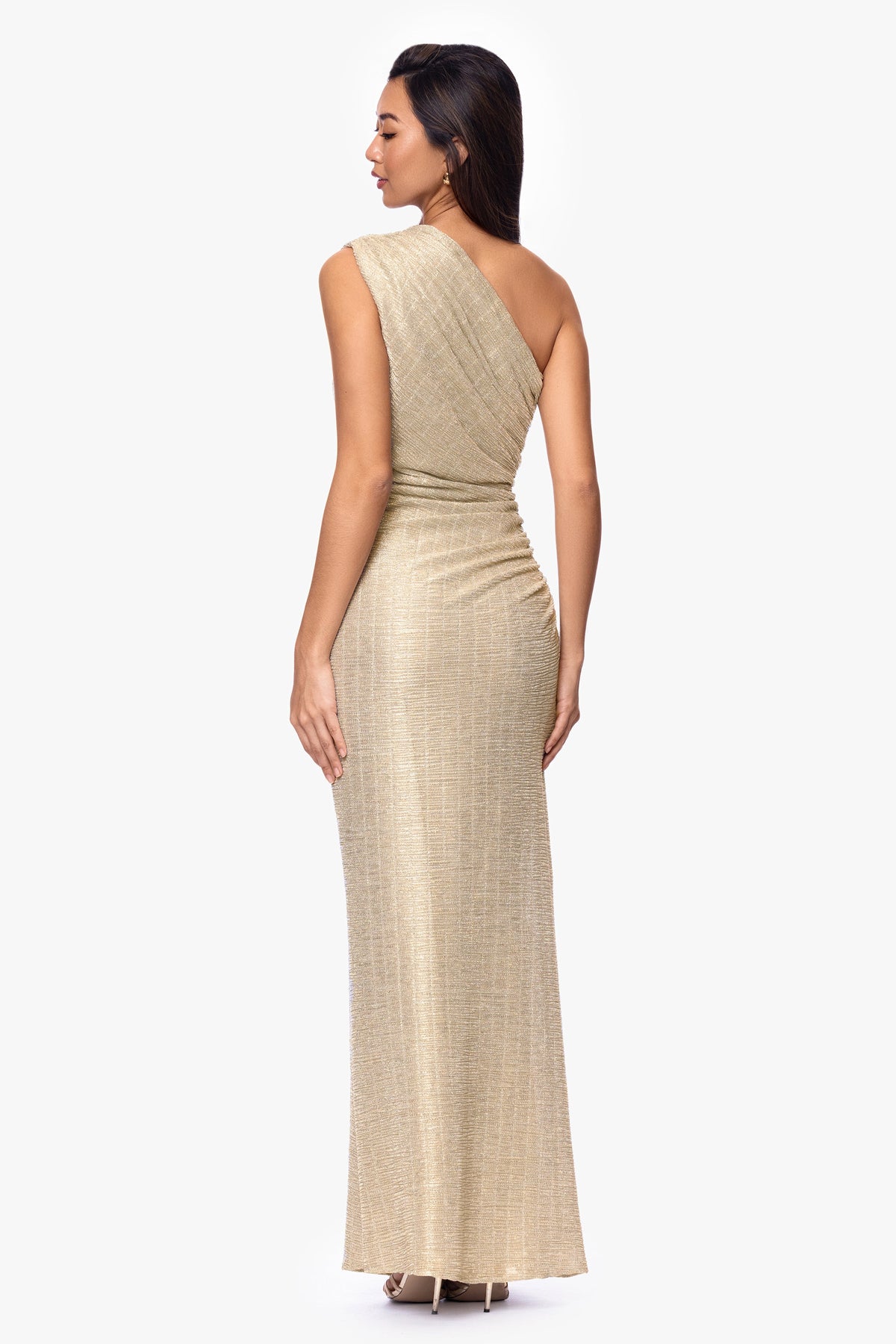"Avril" Metallic One Shoulder Ruched Dress - Silver/Gold | Betsy & Adam