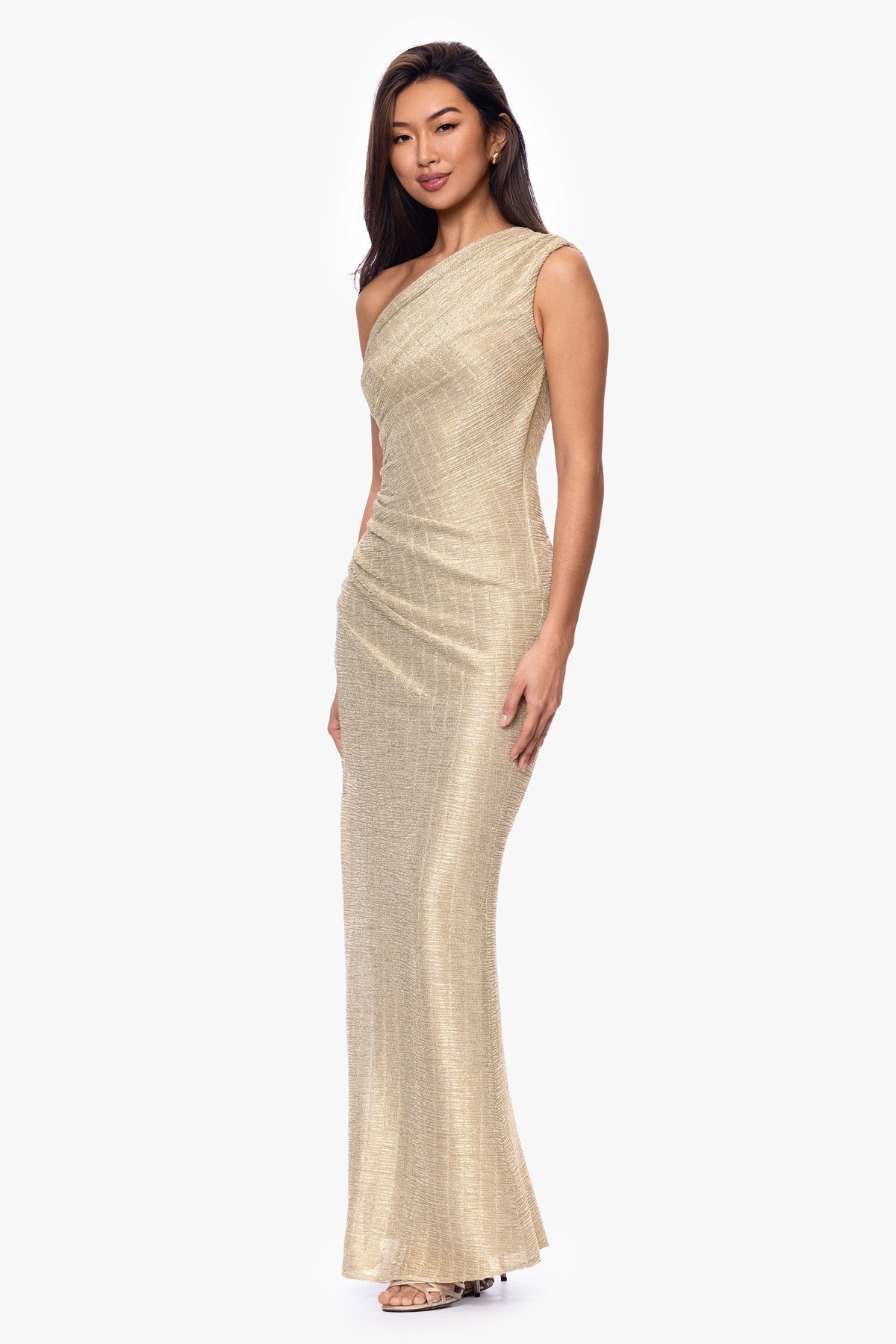 "Avril" Metallic One Shoulder Ruched Dress - Silver/Gold | Betsy & Adam