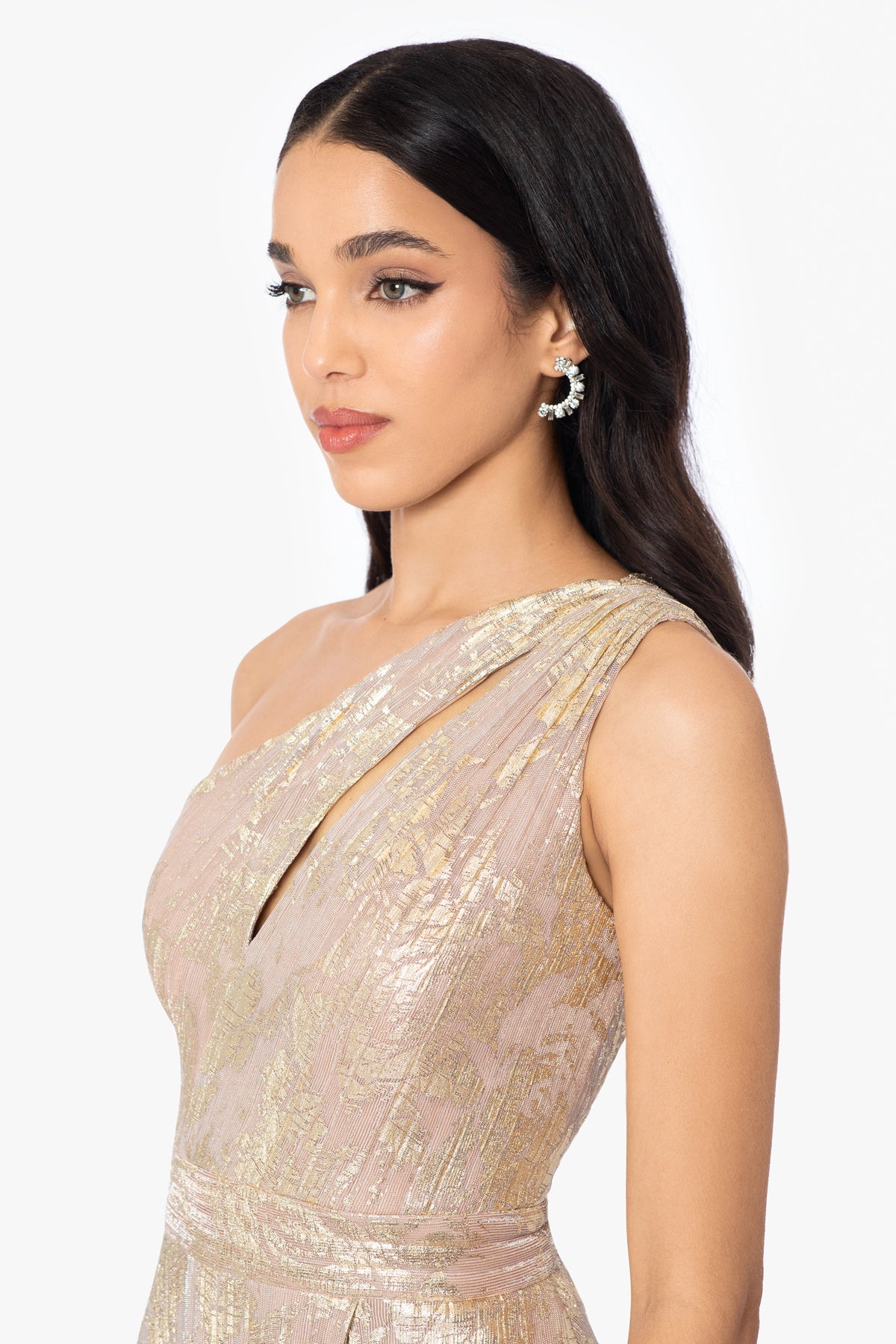 "Zayna" Metallic Knit One Shoulder Keyhole Dress - White/Pink/Gold | Betsy & Adam
