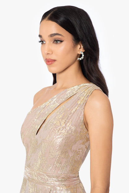 "Zayna" Metallic Knit One Shoulder Keyhole Dress - White/Pink/Gold | Betsy & Adam