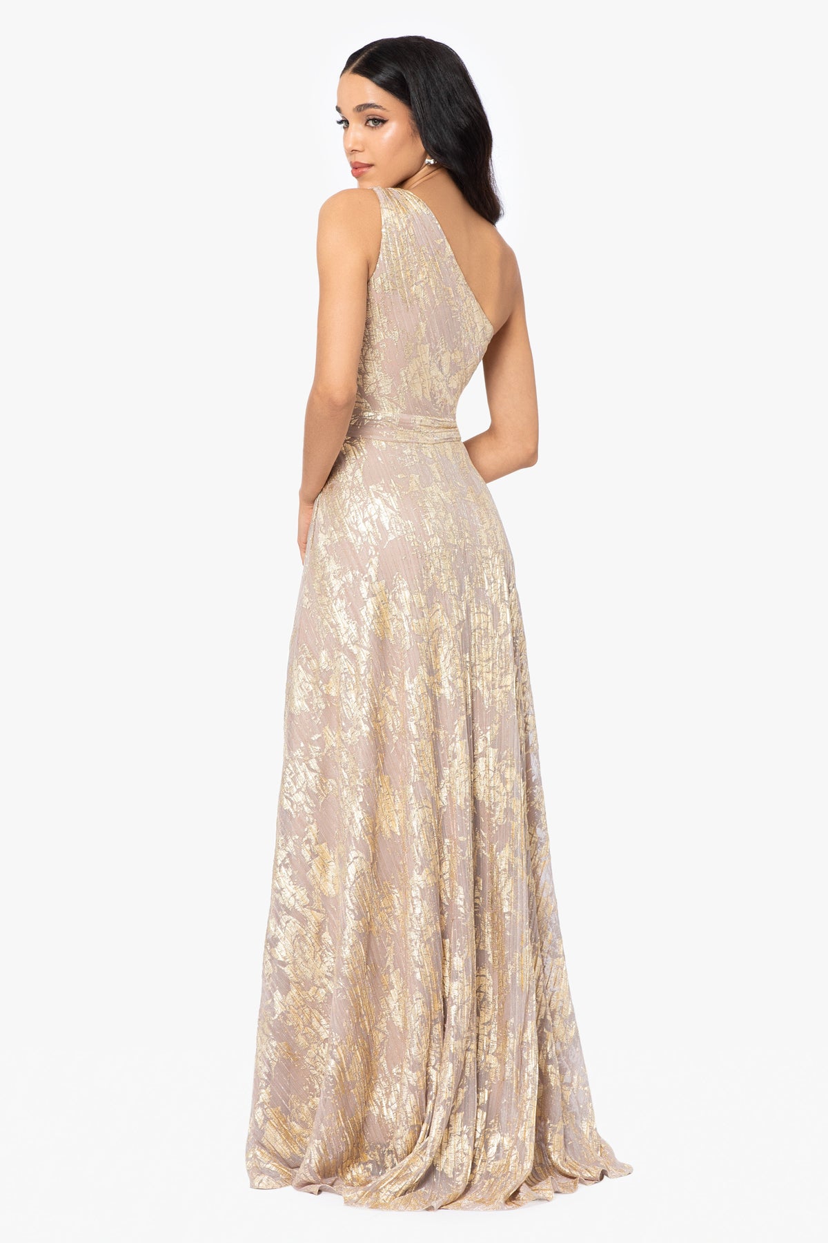 "Zayna" Metallic Knit One Shoulder Keyhole Dress - White/Pink/Gold | Betsy & Adam