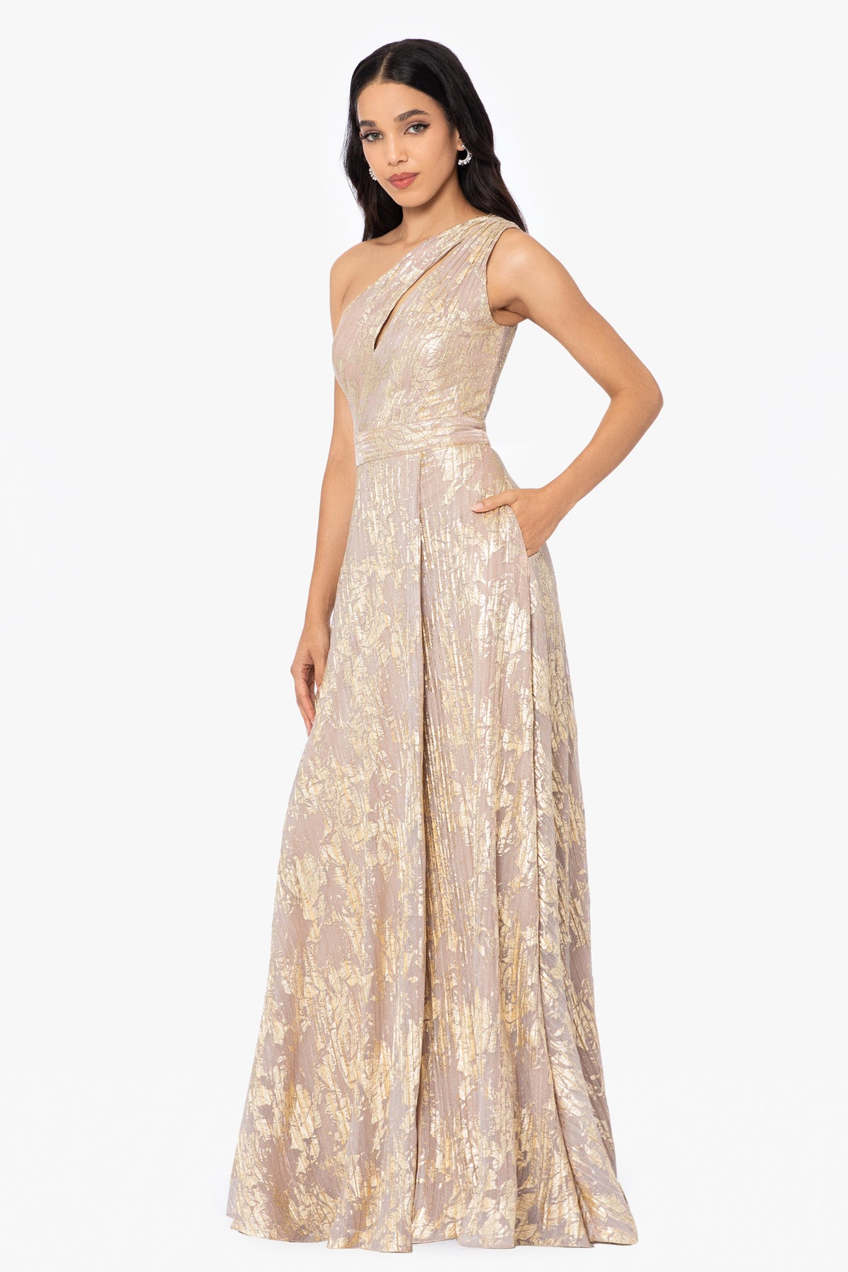 "Zayna" Metallic Knit One Shoulder Keyhole Dress - White/Pink/Gold | Betsy & Adam