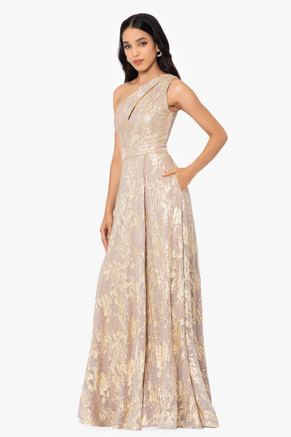 "Zayna" Metallic Knit One Shoulder Keyhole Dress - White/Pink/Gold | Betsy & Adam