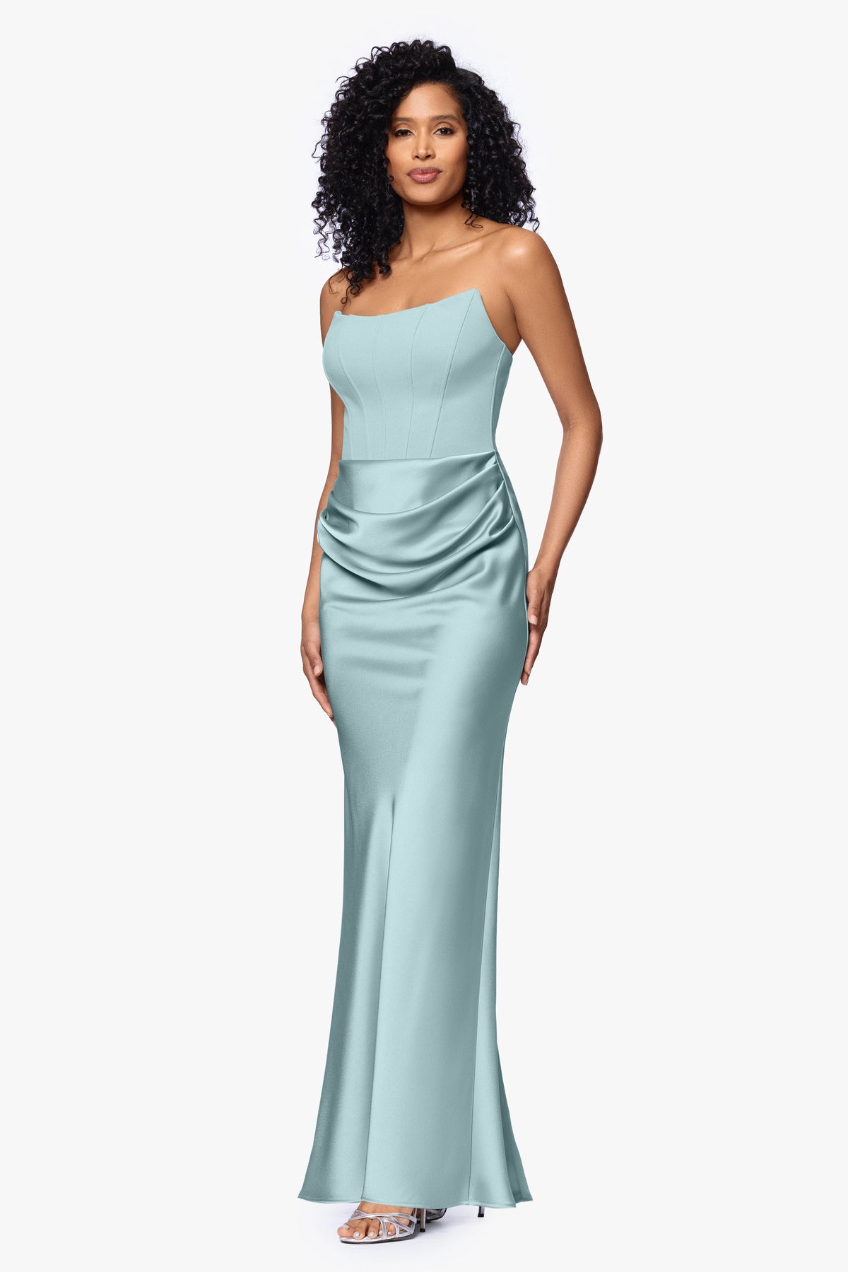 "Debra" Scuba Crepe & Satin Strapless Dress - Sage | Betsy & Adam