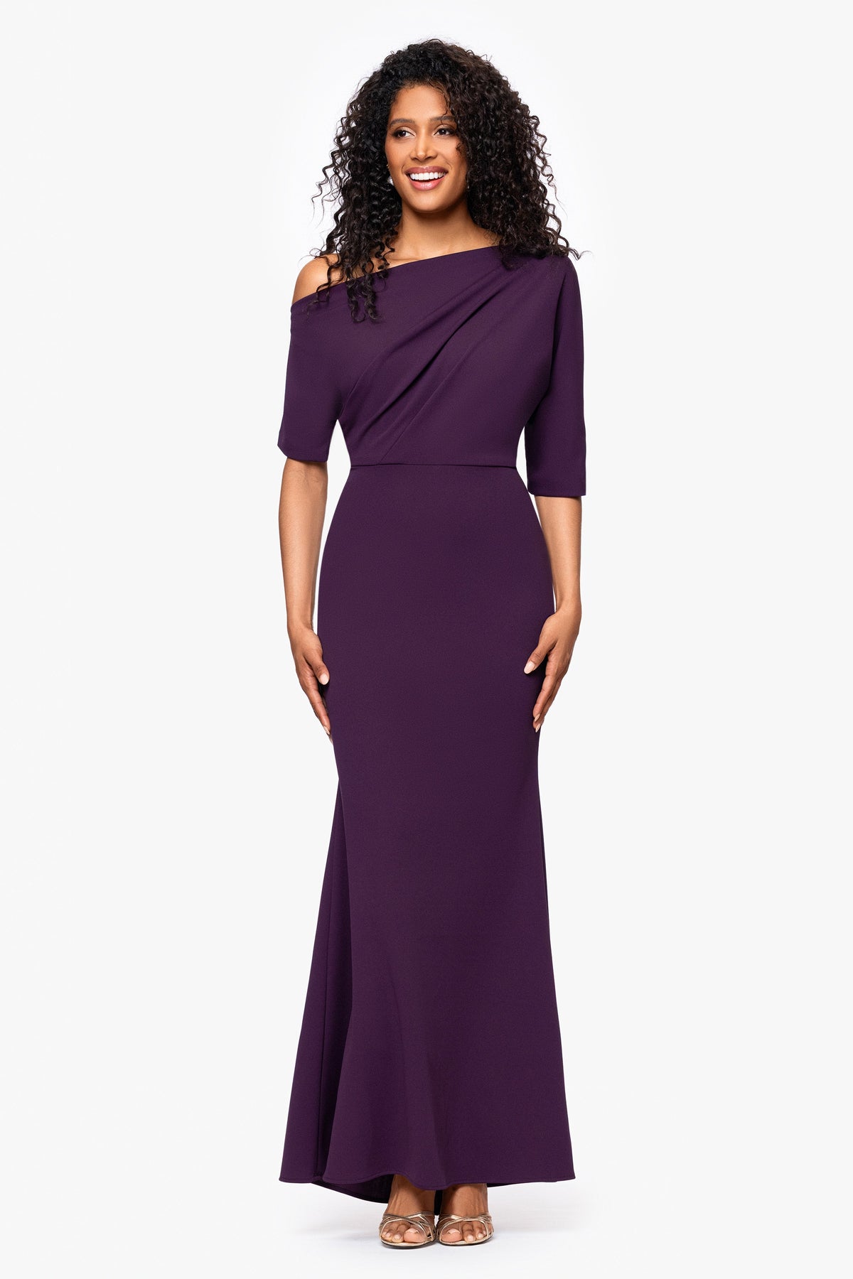 “Madeline” Scuba Crepe Off The Shoulder Dress - Mulberry | Betsy & Adam