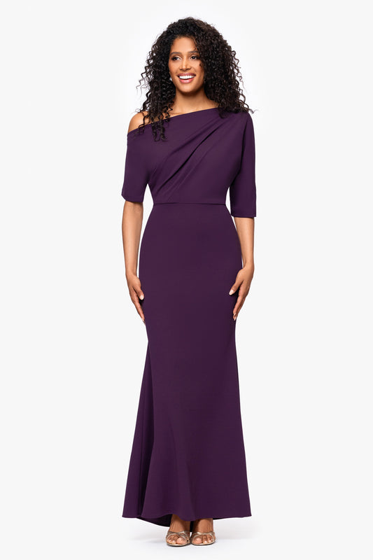 “Madeline” Scuba Crepe Off The Shoulder Dress - Mulberry | Betsy & Adam