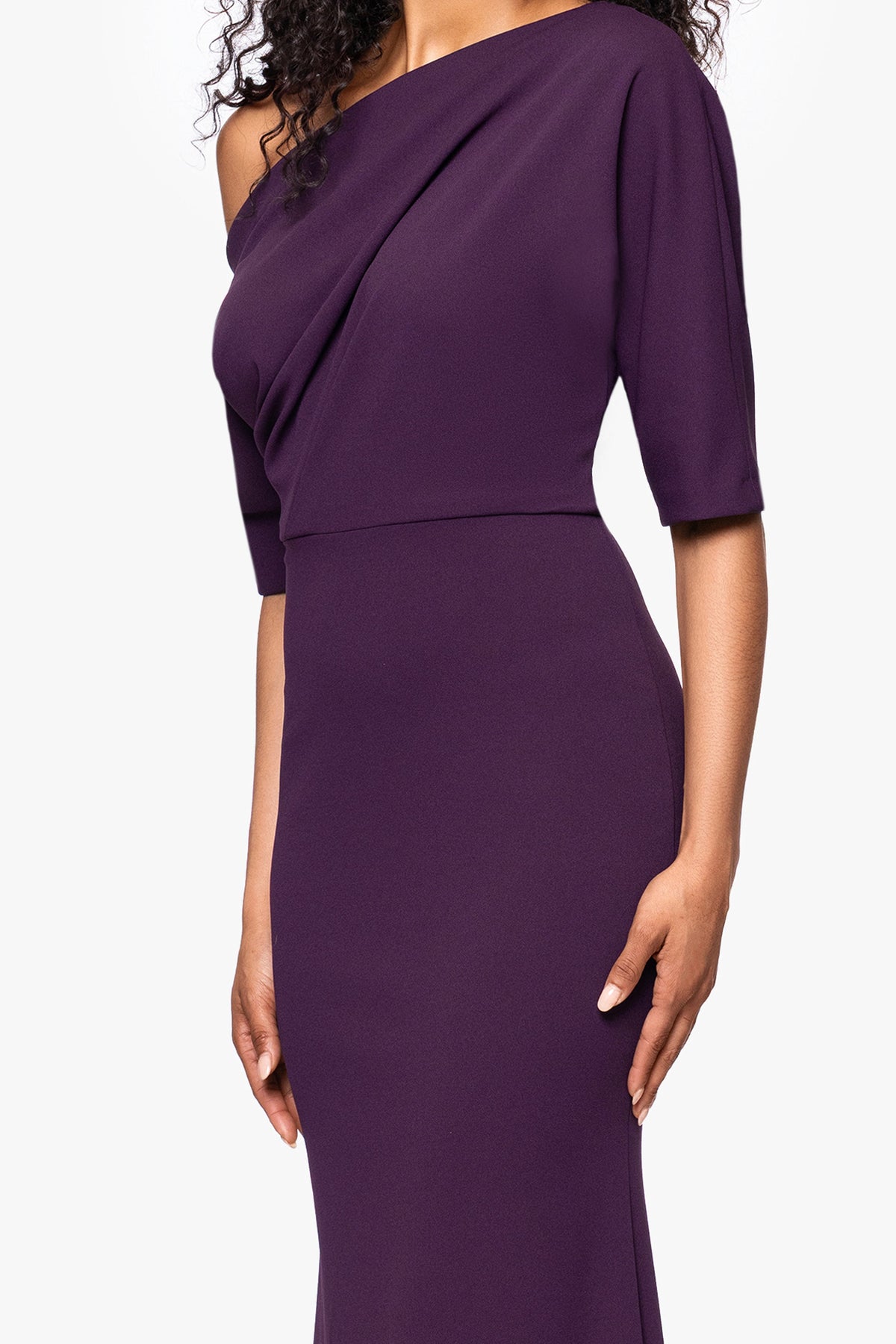 “Madeline” Scuba Crepe Off The Shoulder Dress - Mulberry | Betsy & Adam