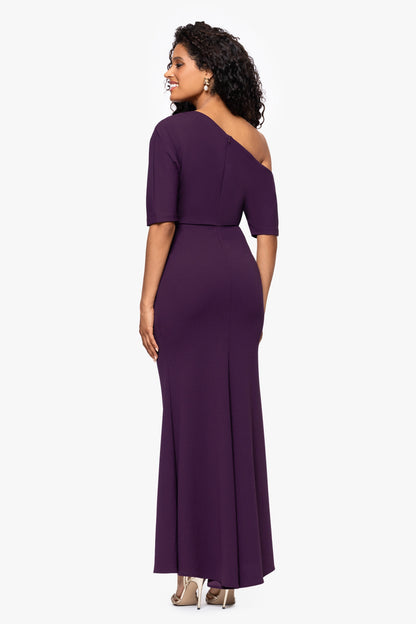 “Madeline” Scuba Crepe Off The Shoulder Dress - Mulberry | Betsy & Adam