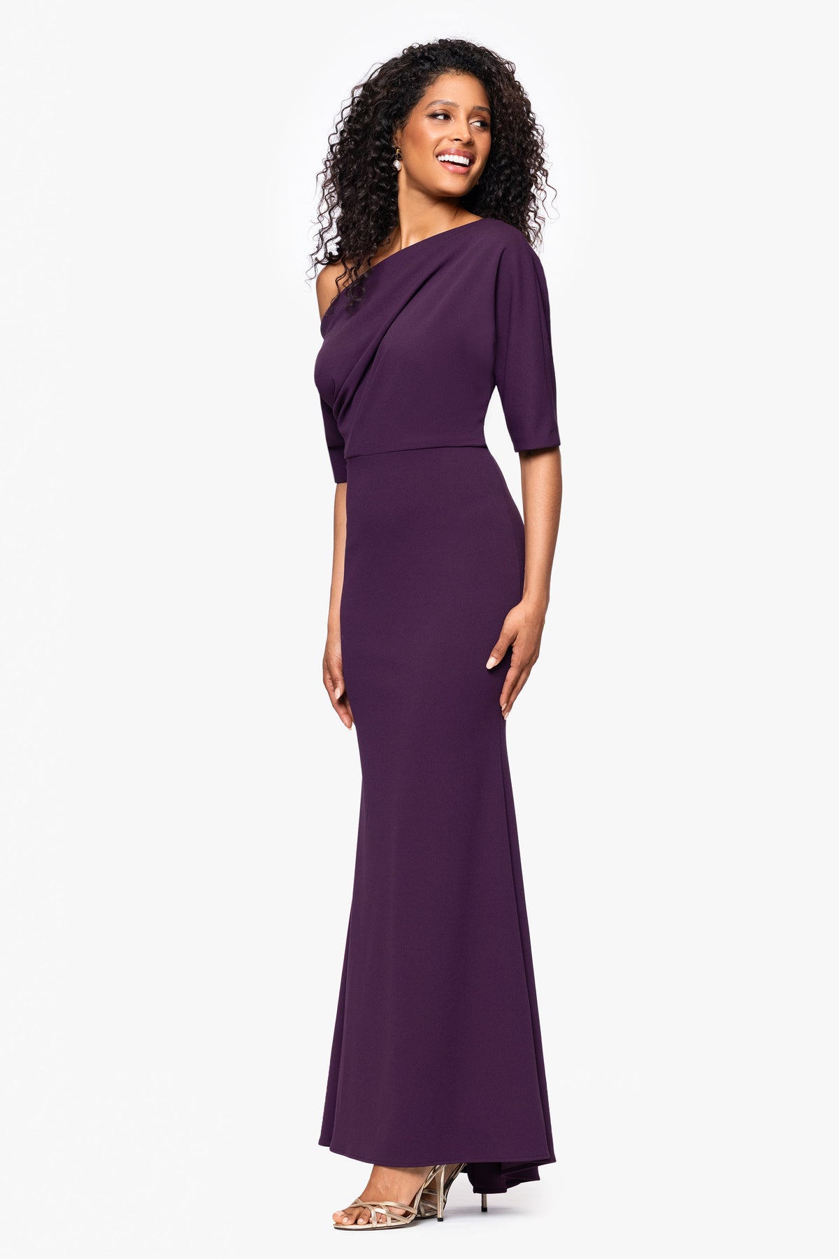 “Madeline” Scuba Crepe Off The Shoulder Dress - Mulberry | Betsy & Adam