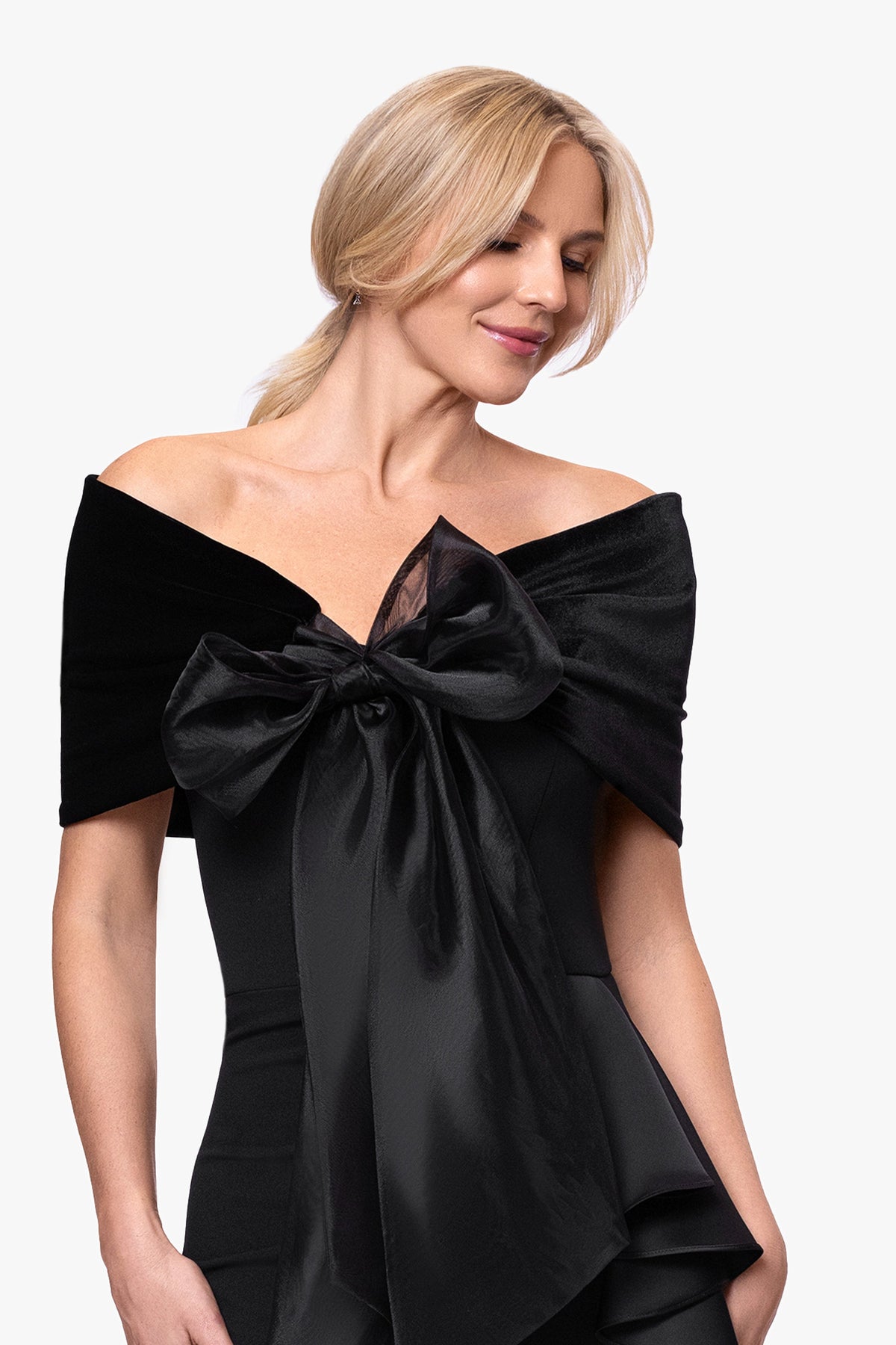 "Georgina" Velvet and Organza Bow Shawl Wrap - Black | Betsy & Adam