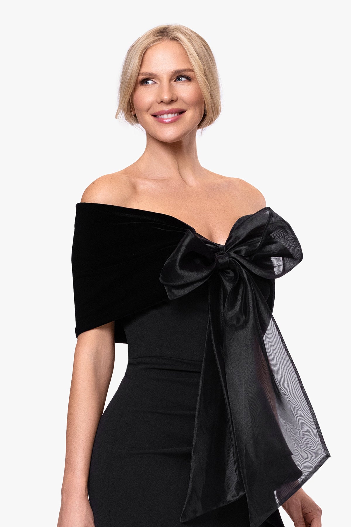 "Georgina" Velvet and Organza Bow Shawl Wrap - Black | Betsy & Adam
