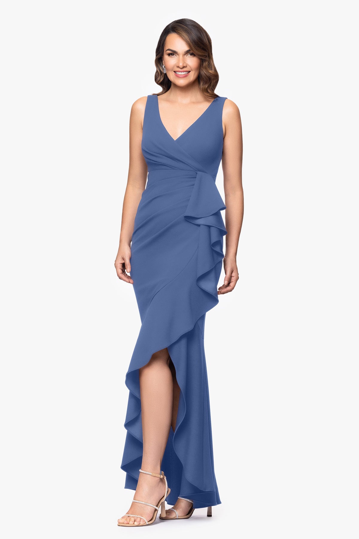 Petite "Candace" V-Neck Hi Low Cascade Dress - Slate | Betsy & Adam