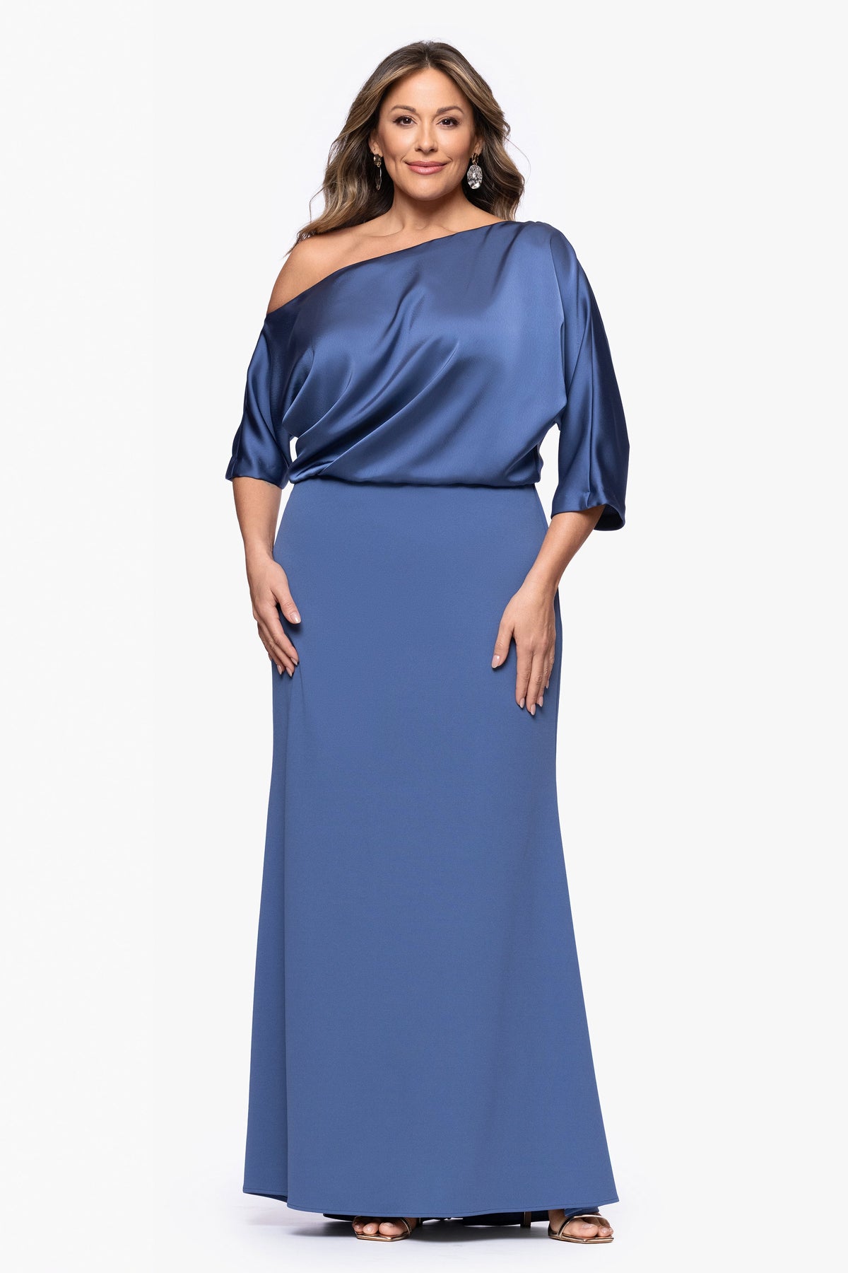 Plus "Ana" Scuba Crepe & Satin Drop Shoulder Dress - Slate | Betsy & Adam