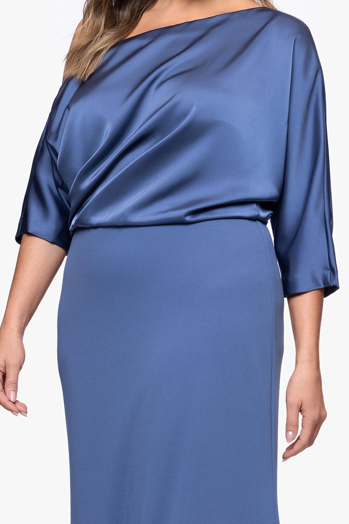 Plus "Ana" Scuba Crepe & Satin Drop Shoulder Dress - Slate | Betsy & Adam