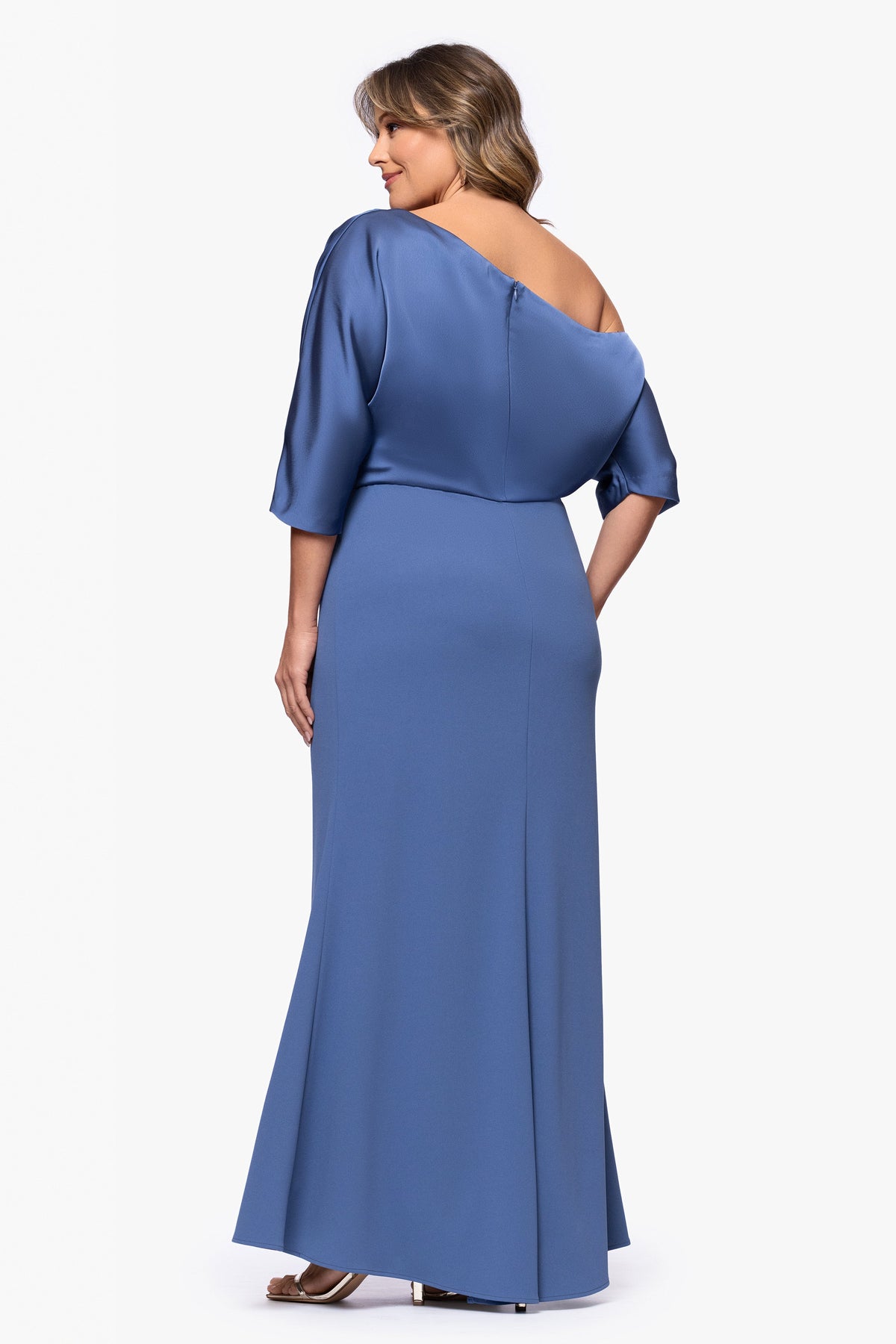 Plus "Ana" Scuba Crepe & Satin Drop Shoulder Dress - Slate | Betsy & Adam