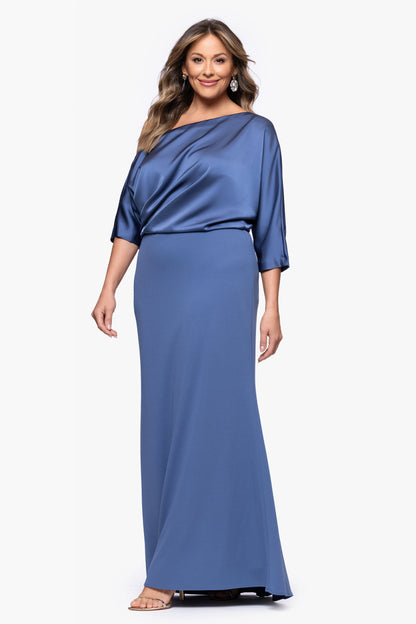 Plus "Ana" Scuba Crepe & Satin Drop Shoulder Dress - Slate | Betsy & Adam