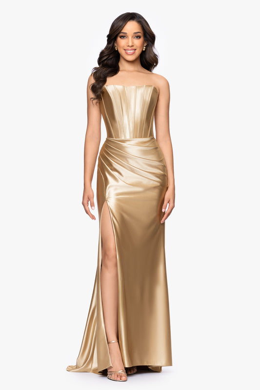 "Noelle" Satin Strapless Corset Dress - Gold | Betsy & Adam