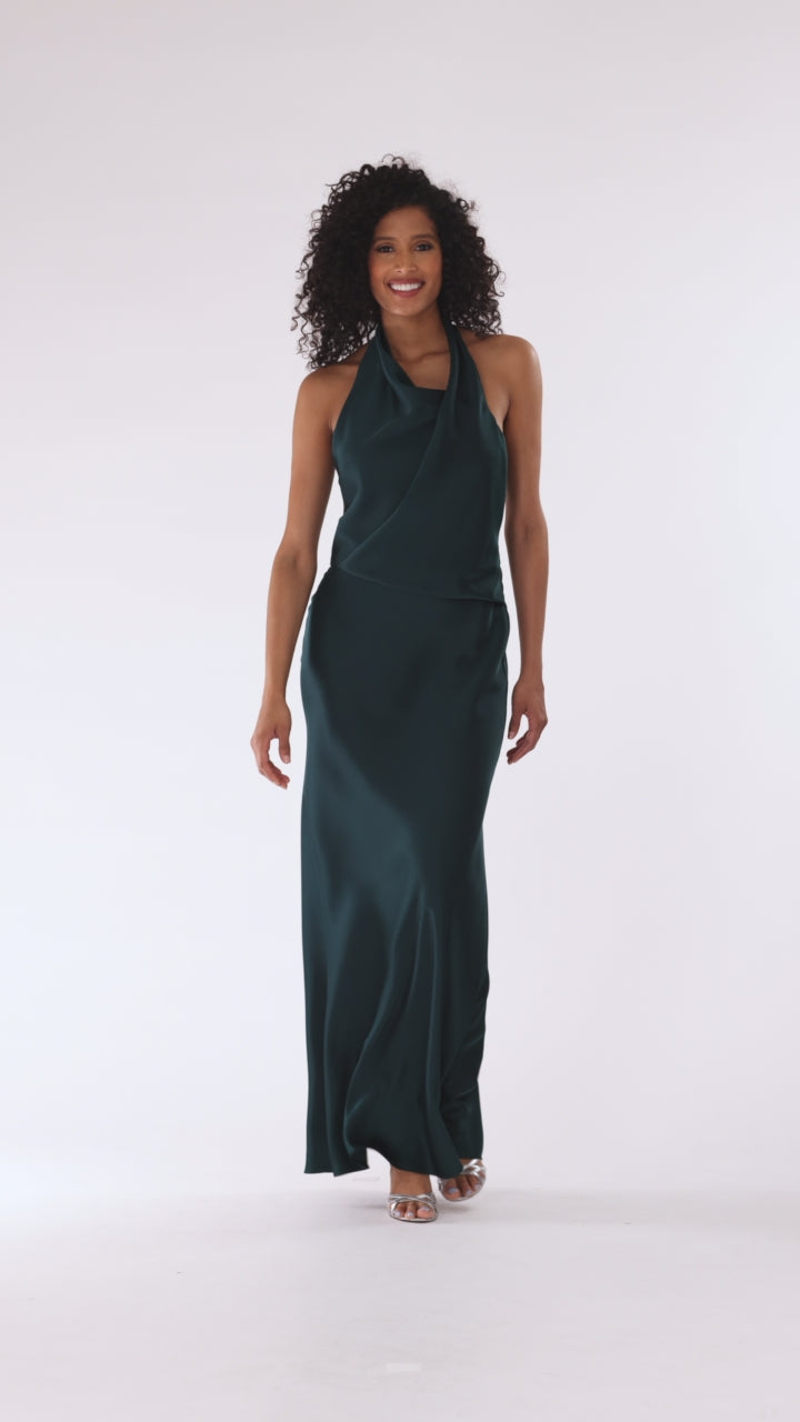 "Erica" Satin Halter Dress - Pine | Betsy & Adam