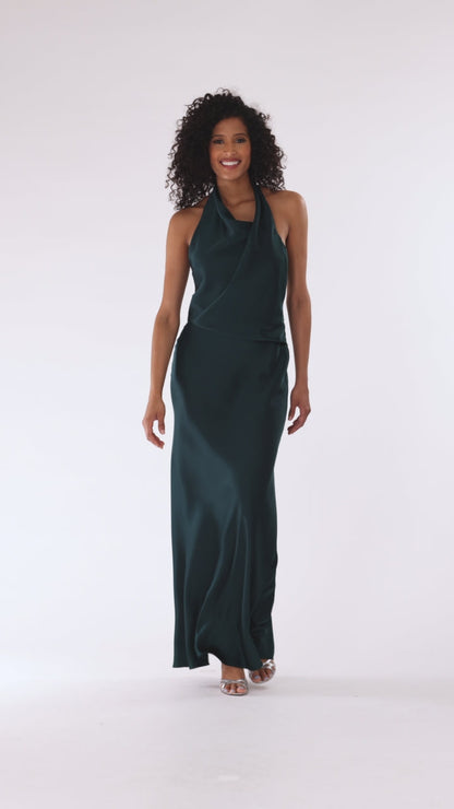 "Erica" Satin Halter Dress - Pine | Betsy & Adam