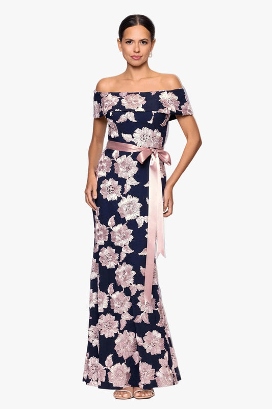 "Georgette" Soutache Off The Shoulder Ribbon Dress - Navy/Rose | Betsy & Adam