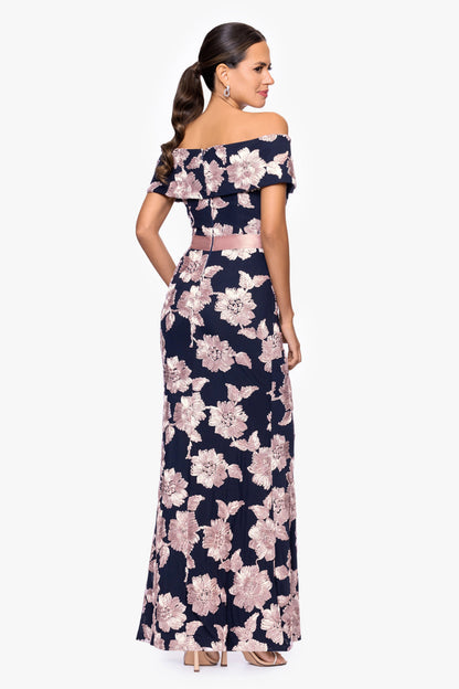 "Georgette" Soutache Off The Shoulder Ribbon Dress - Navy/Rose | Betsy & Adam