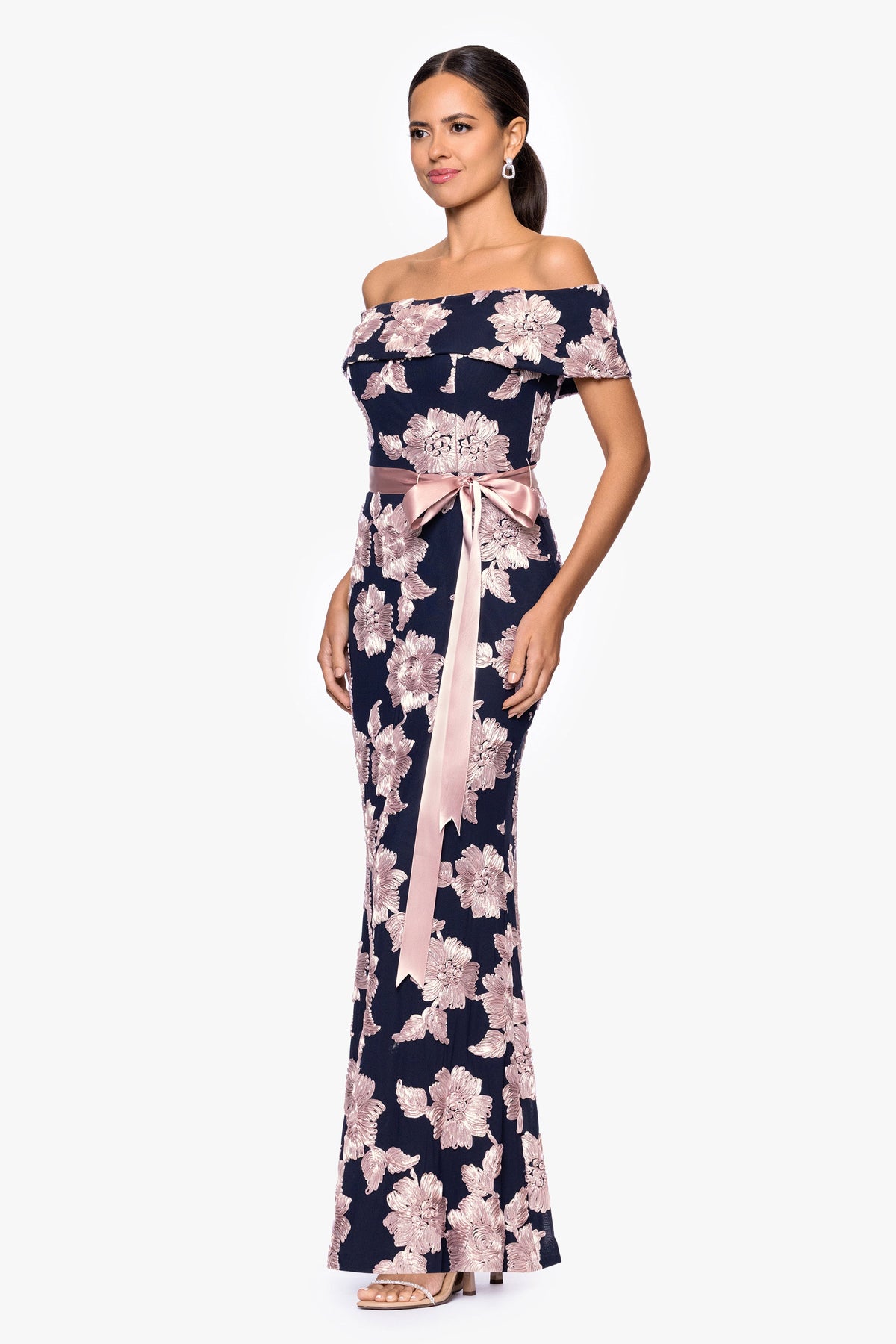 "Georgette" Soutache Off The Shoulder Ribbon Dress - Navy/Rose | Betsy & Adam