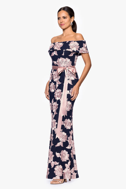 "Georgette" Soutache Off The Shoulder Ribbon Dress - Navy/Rose | Betsy & Adam