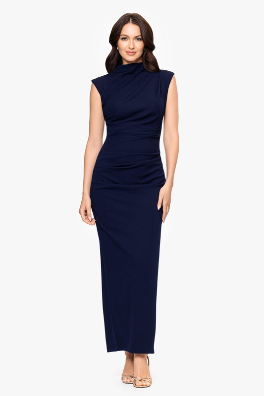 “Katalina” Scuba Crepe Ruched Mock Neck Dress - Navy | Betsy & Adam