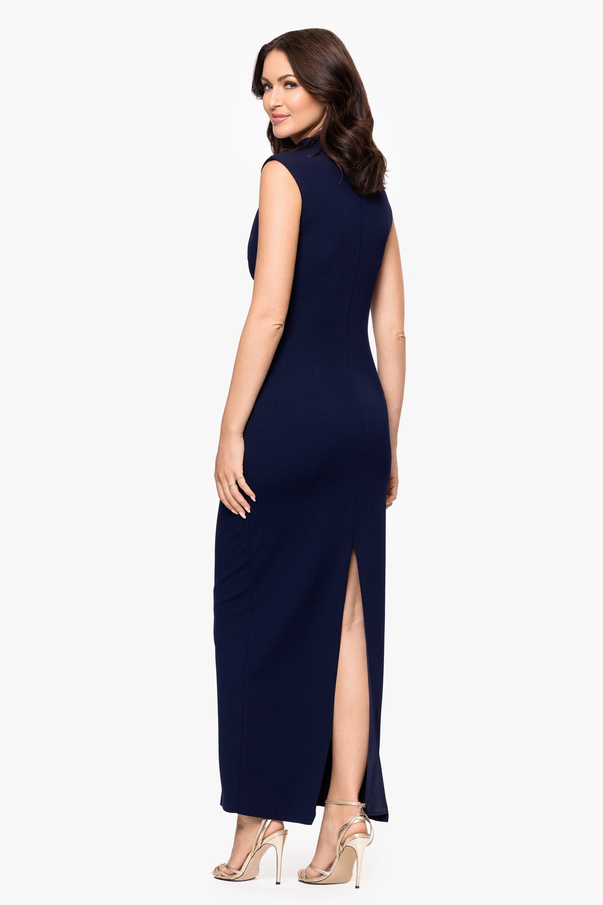 “Katalina” Scuba Crepe Ruched Mock Neck Dress - Navy | Betsy & Adam