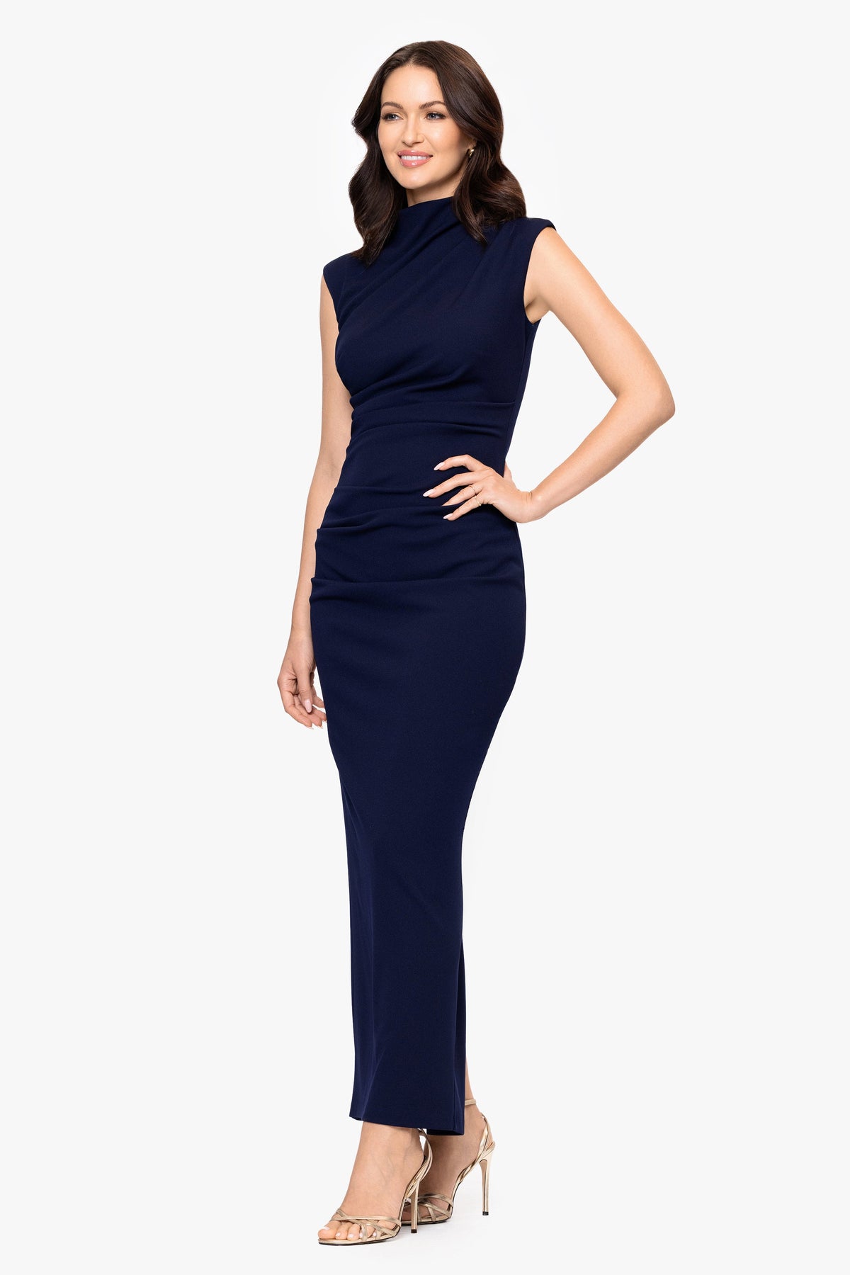 “Katalina” Scuba Crepe Ruched Mock Neck Dress - Navy | Betsy & Adam
